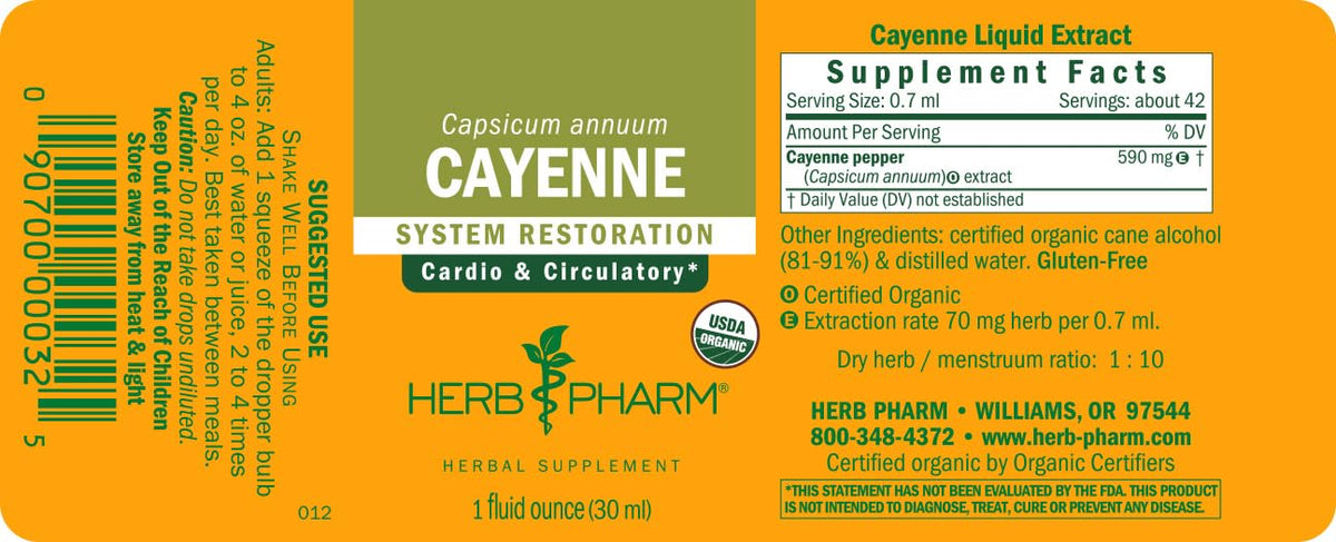 Herb Pharm Organic Cayenne Liquid Supplement back label dietary facts