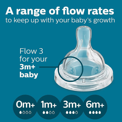Complete four piece pack of Philips Avent flow 3 medium flow silicone nipples displayed clearly for quality inspection.