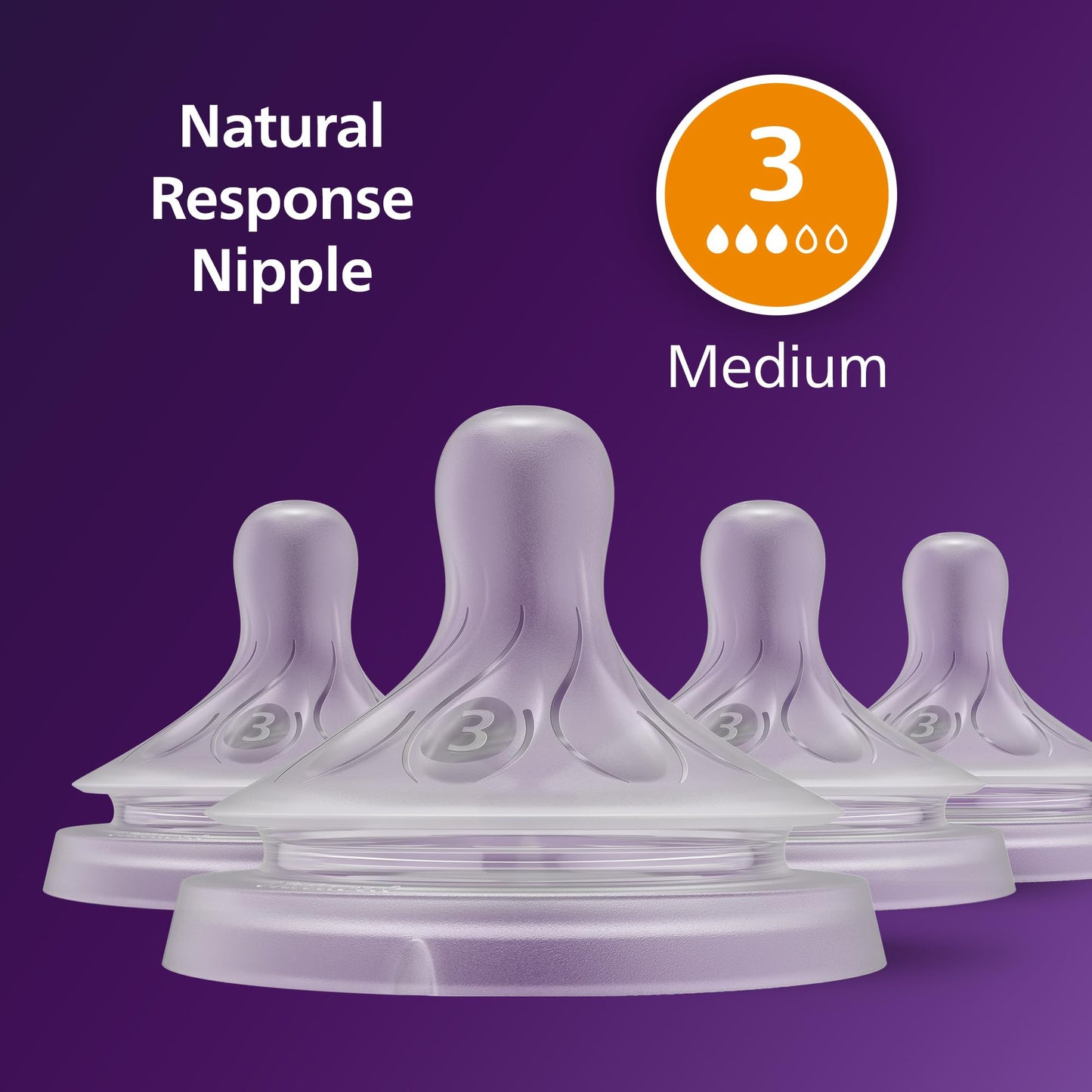 Close up of the breast shaped silicone flow three baby bottle teat