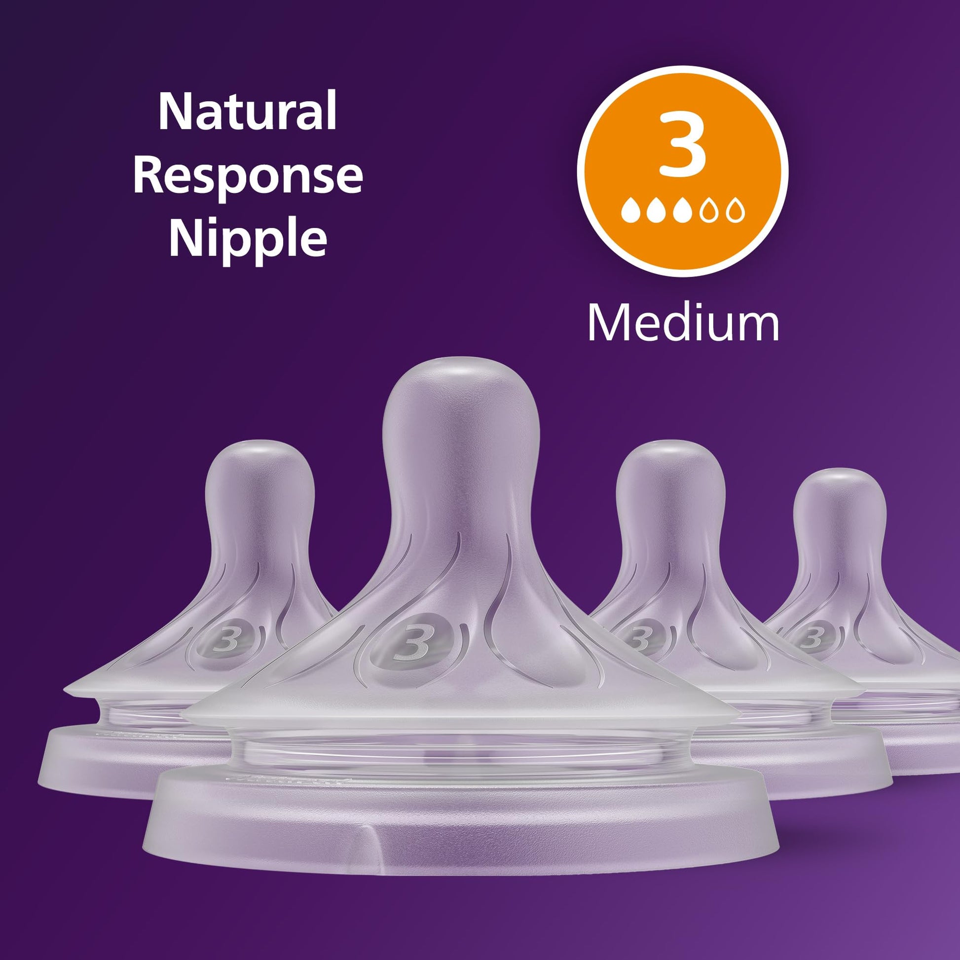Close up of the breast shaped silicone flow three baby bottle teat