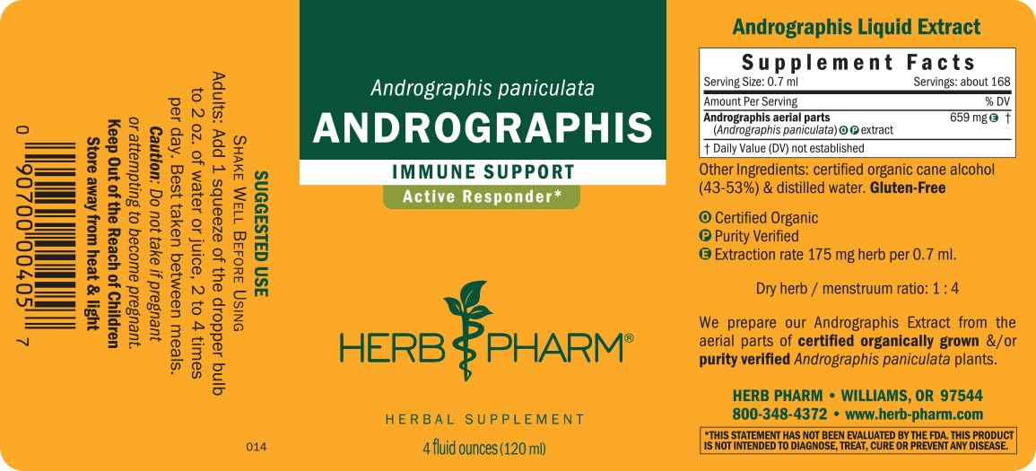 Premium amber glass bottle of Herb Pharm Andrographis immune support tincture