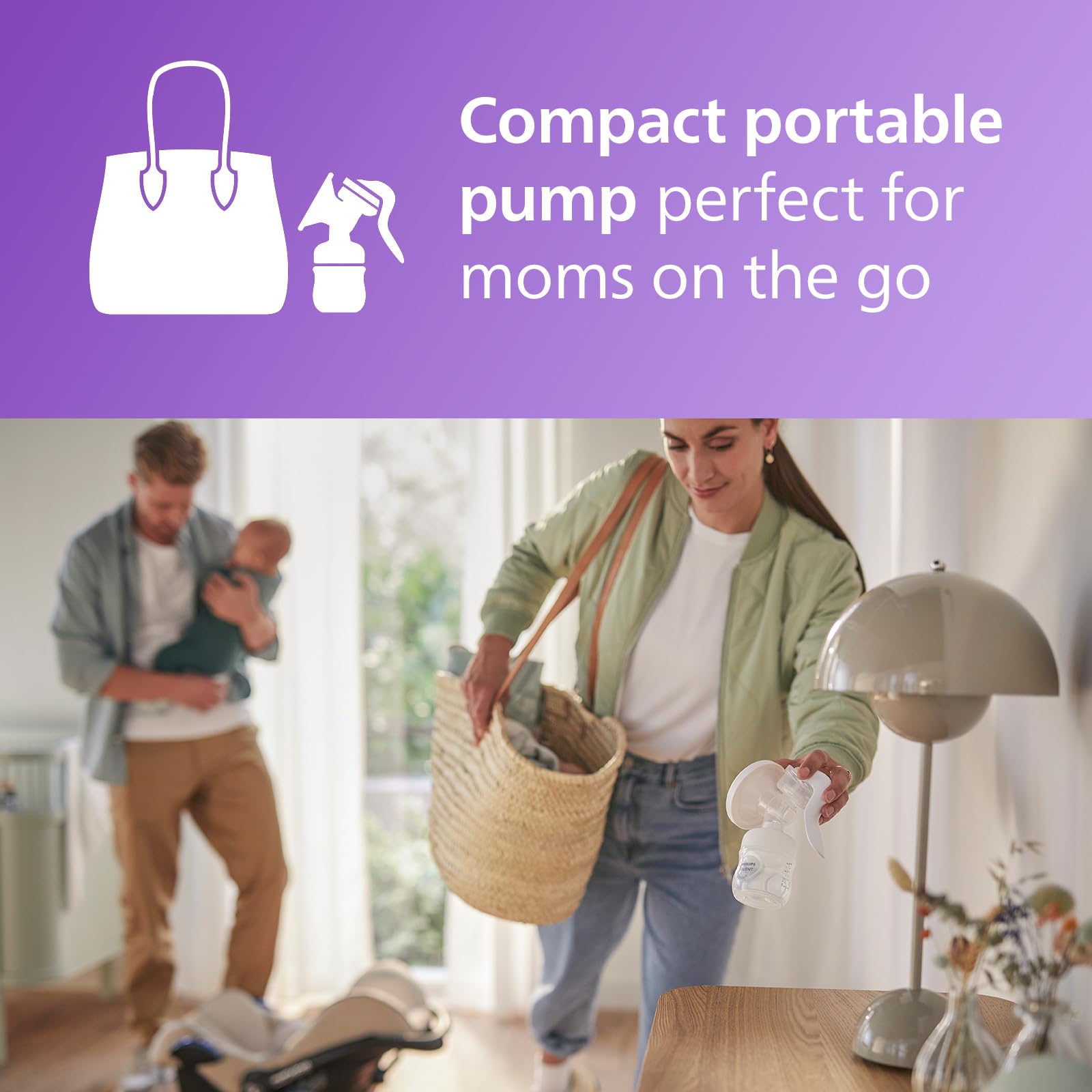 Philips Avent manual breast pump side view emphasizing the upright pumping angle