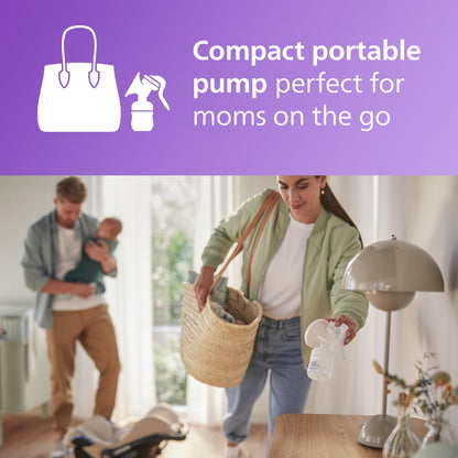 Philips Avent manual breast pump side view emphasizing the upright pumping angle
