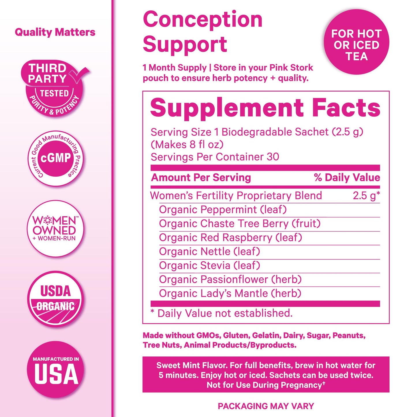 Pink Stork Fertility Tea box showing 15 sachets