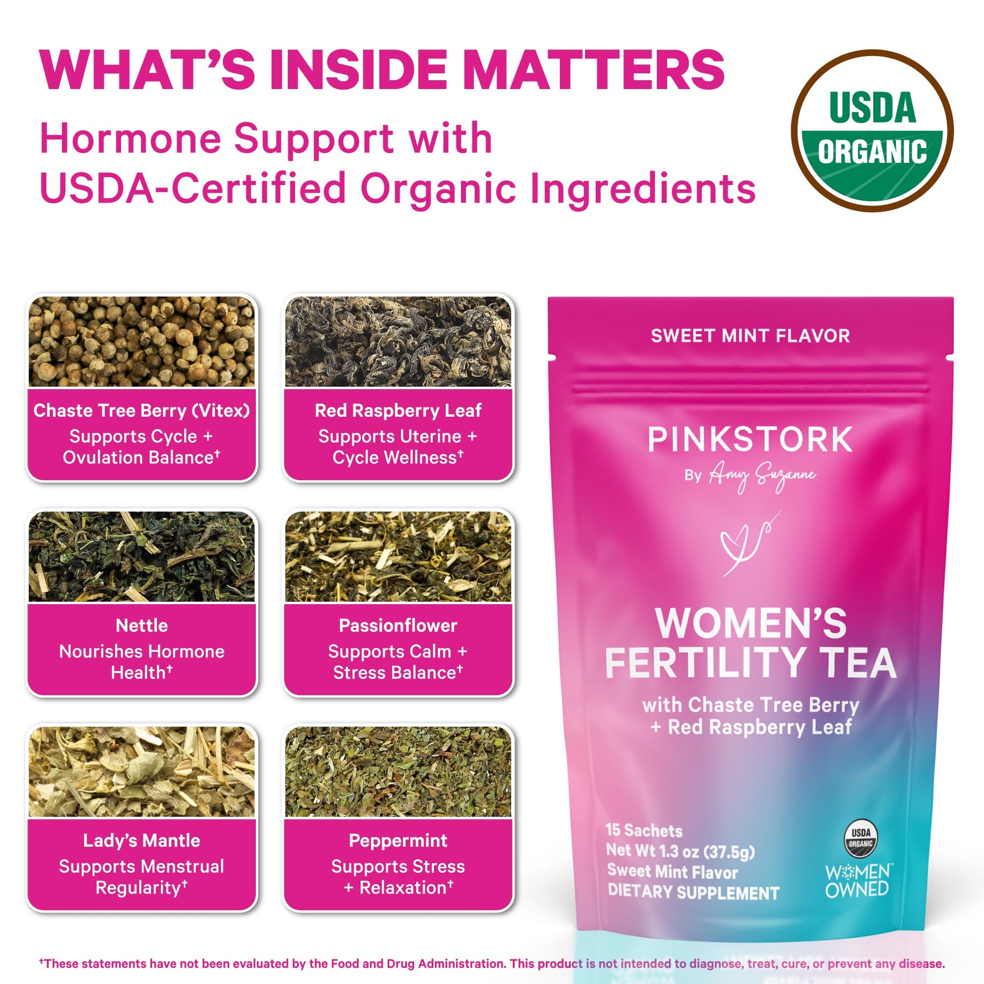 Close up of Pink Stork organic tea biodegradable sachet