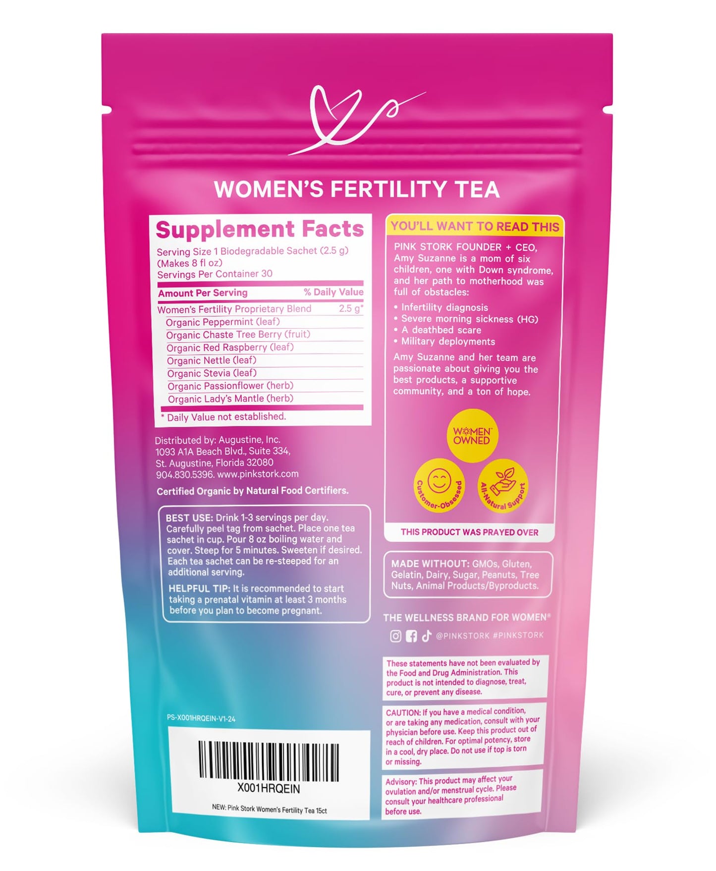 Back of Pink Stork fertility tea box showing nutritional details