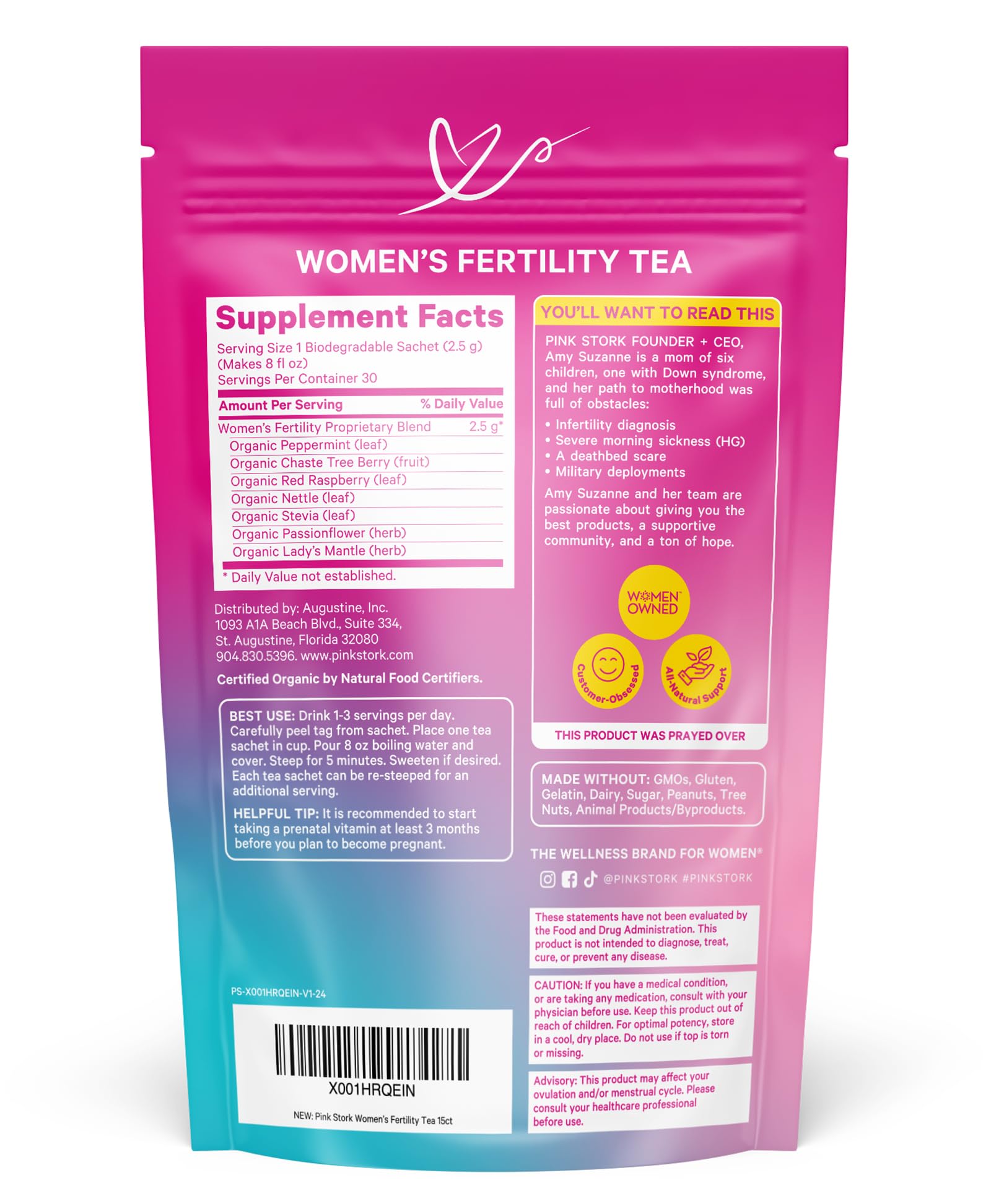 Back of Pink Stork fertility tea box showing nutritional details