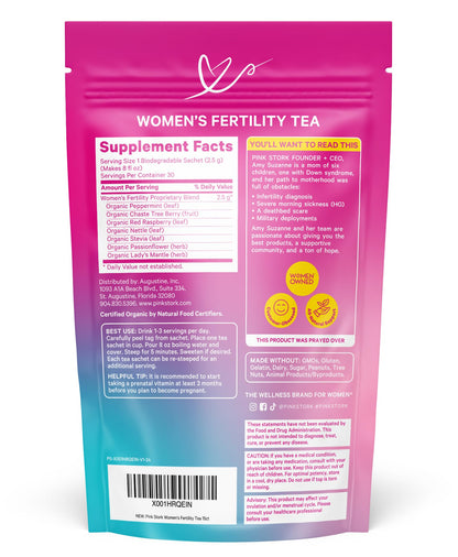 Back of Pink Stork fertility tea box showing nutritional details