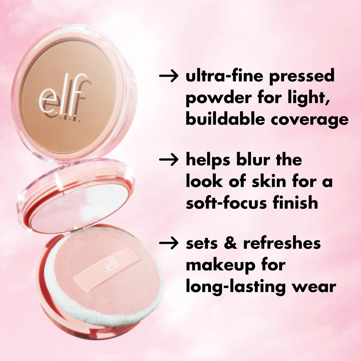 E.L.F. Halo Glow powder filter applied on skin showing soft-focus finish