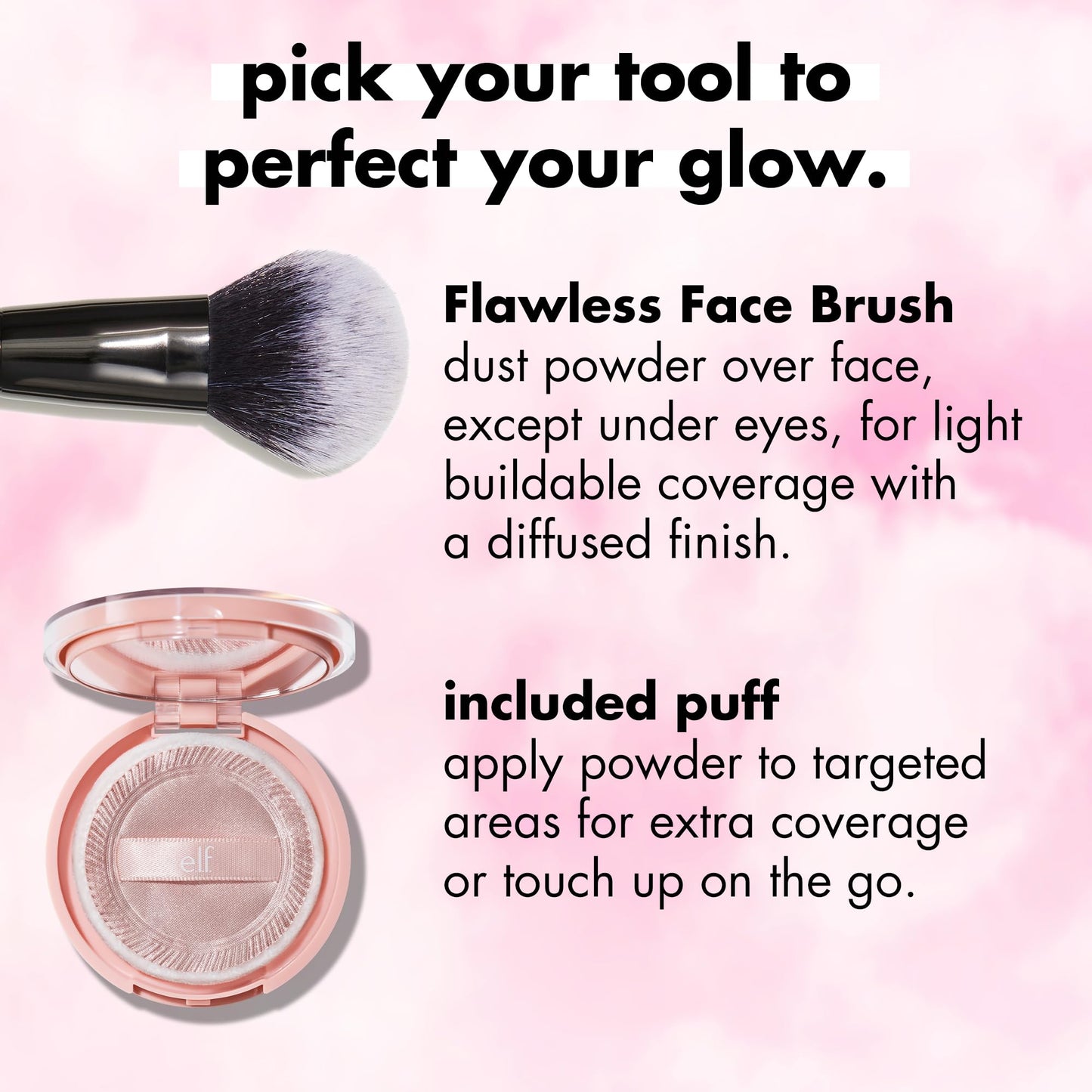 Lightweight buildable coverage finishing powder application demonstration on skin