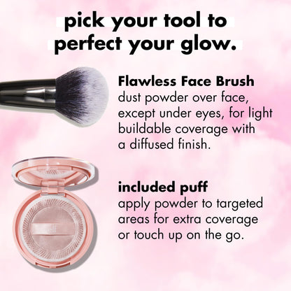 Lightweight buildable coverage finishing powder application demonstration on skin