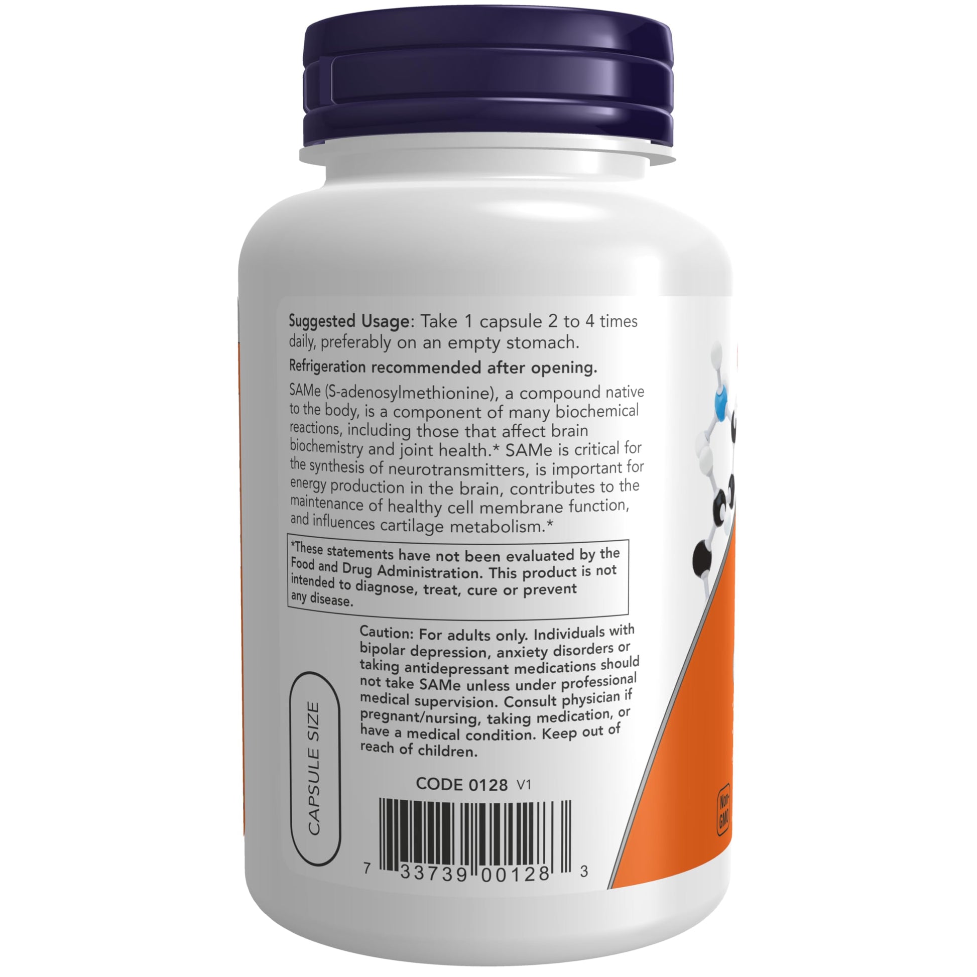 NOW Foods supplement facts label showing 200 mg SAMe dosage per serving