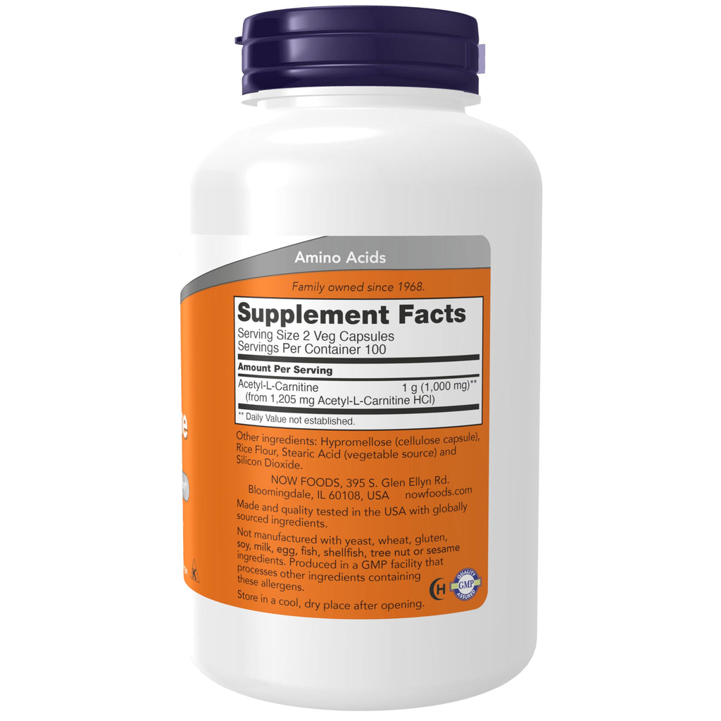 Now Foods Acetyl L Carnitine supplement facts label and ingredient details