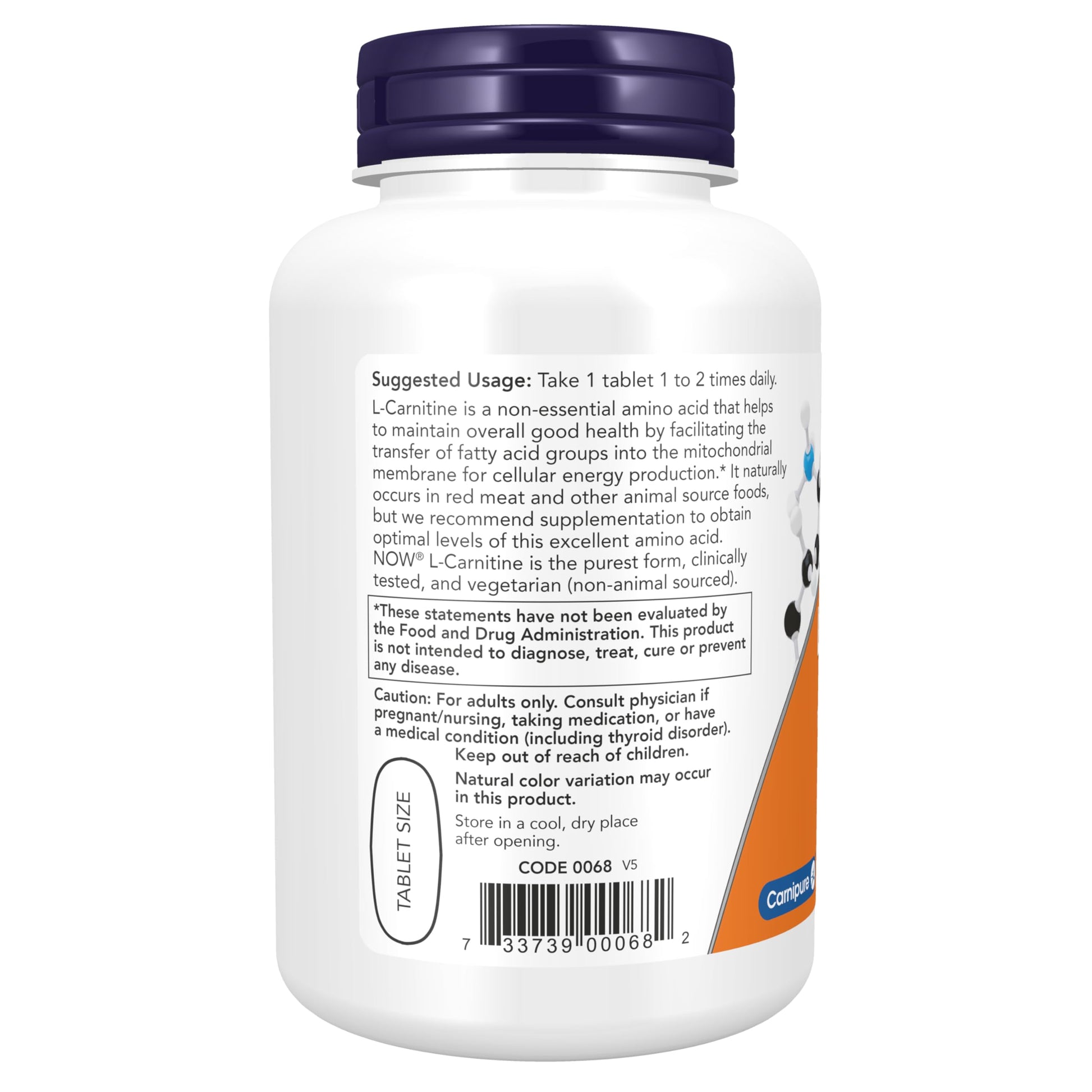 Back label of authentic USA imported NOW Foods L Carnitine showing supplement facts