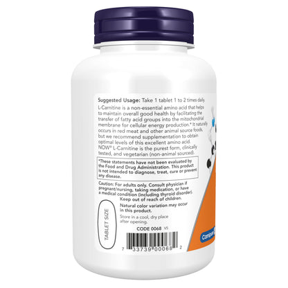 Back label of authentic USA imported NOW Foods L Carnitine showing supplement facts