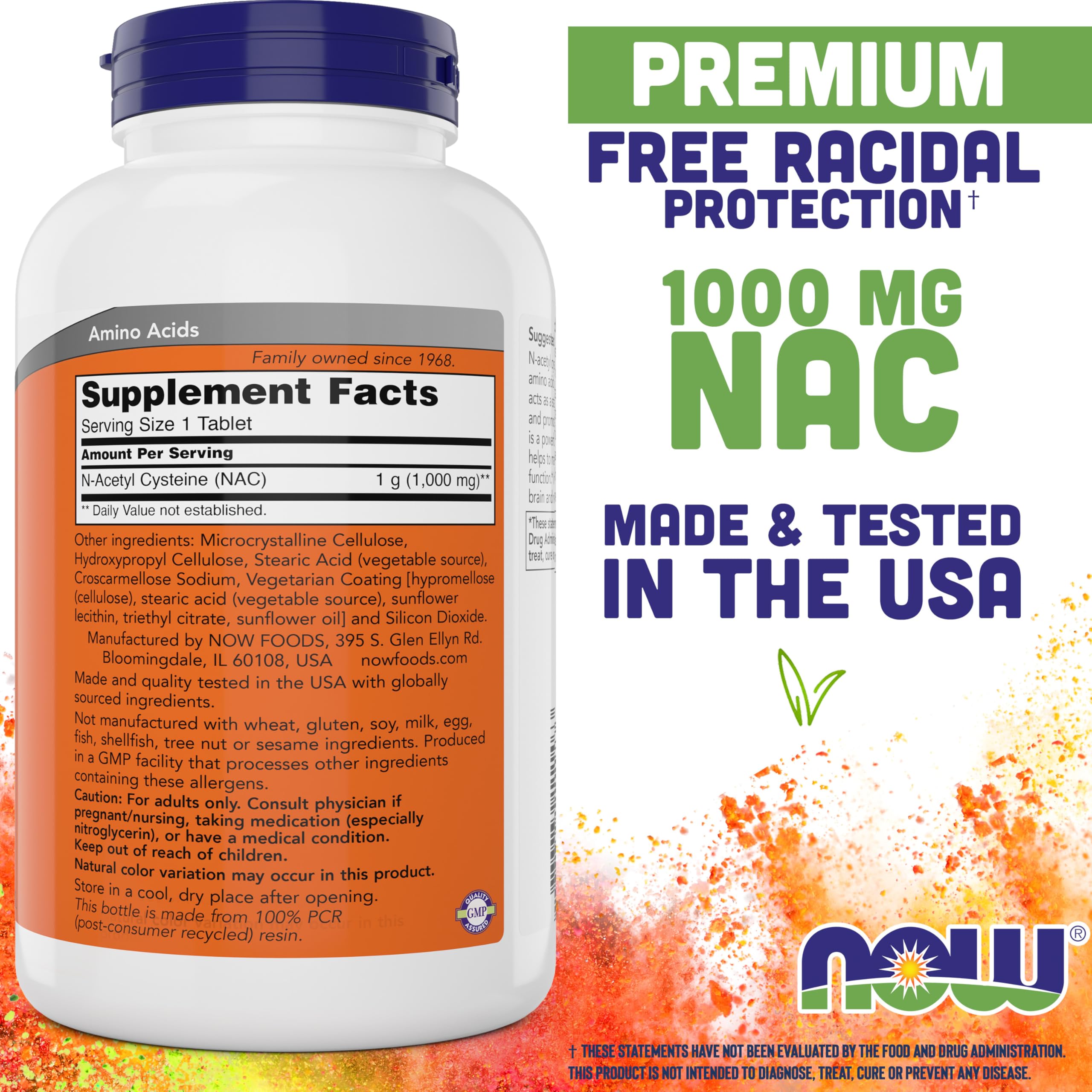 Now Foods NAC 1000mg dietary supplement bottle label details