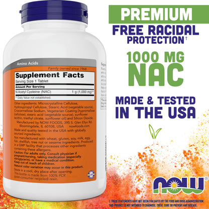 Now Foods NAC 1000mg dietary supplement bottle label details