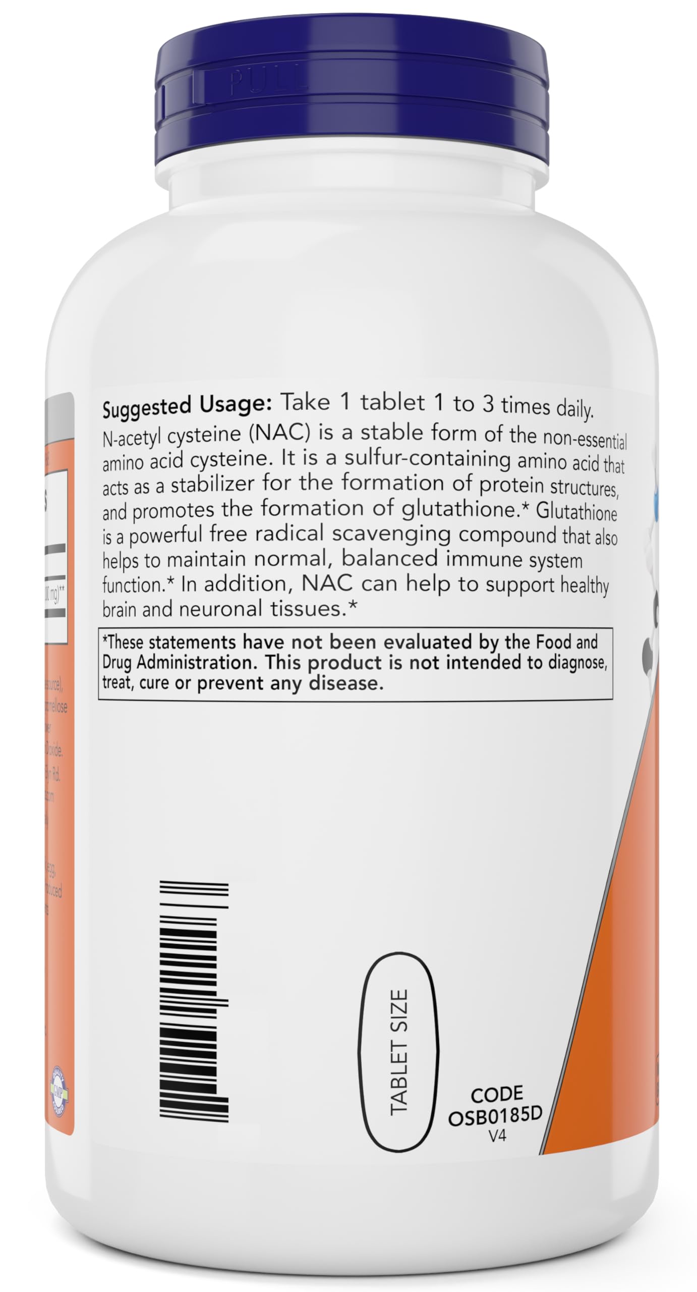 Side view of Now Foods NAC 250 count bottle showing supplement facts