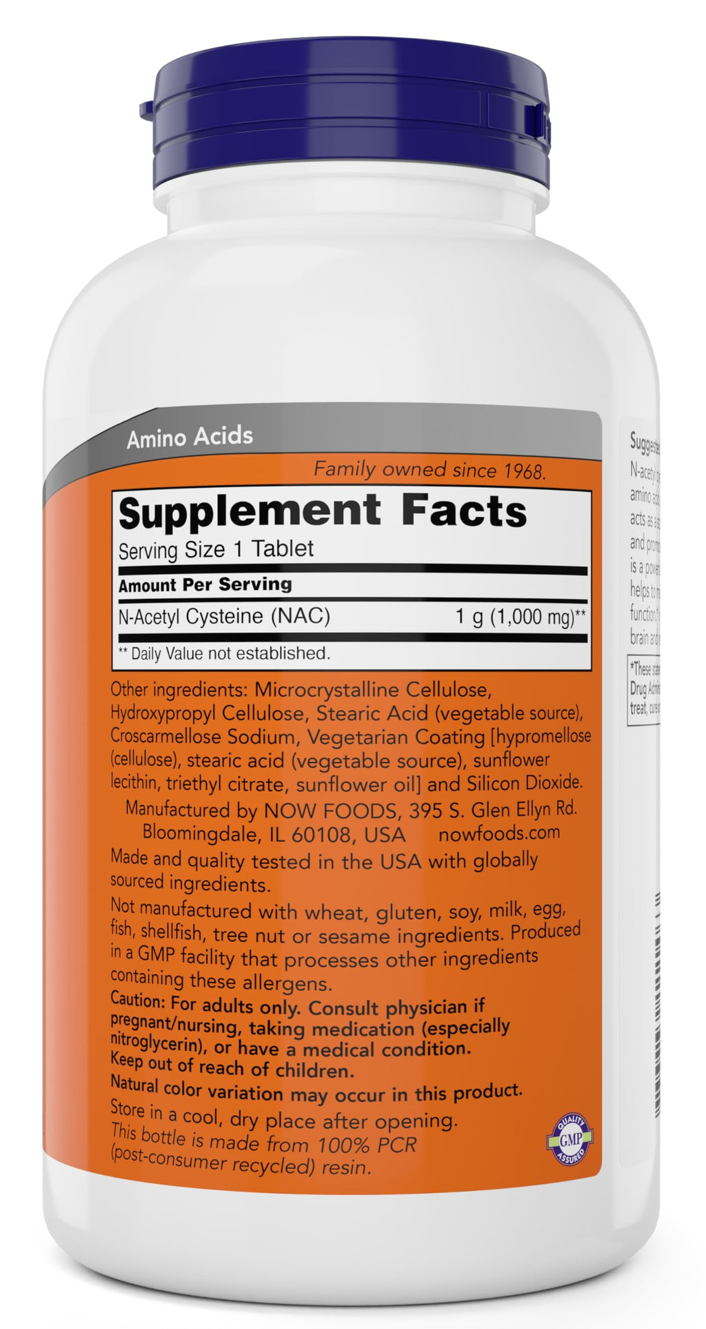 Now Foods NAC 250 tablets bottle layout and capsule size reference