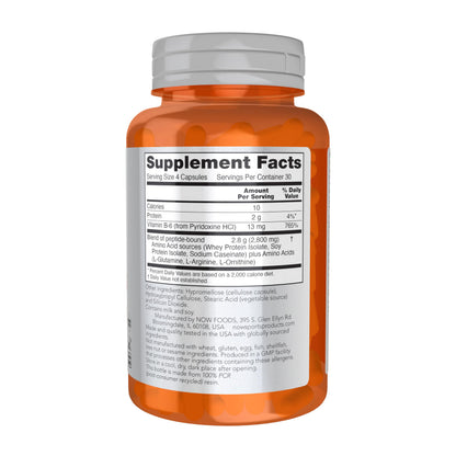 Nutrition facts label for NOW Sports Amino Complete showing 20 amino acids
