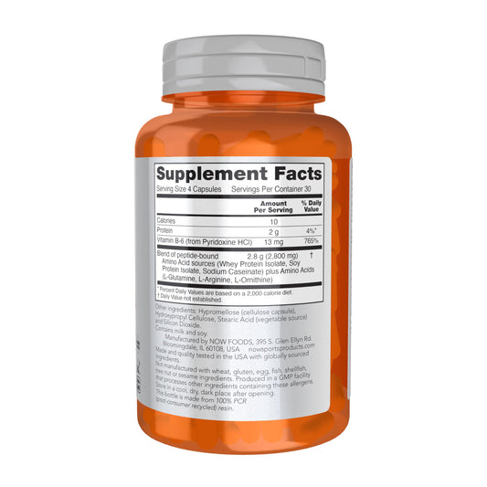 Nutrition facts label for NOW Sports Amino Complete showing 20 amino acids