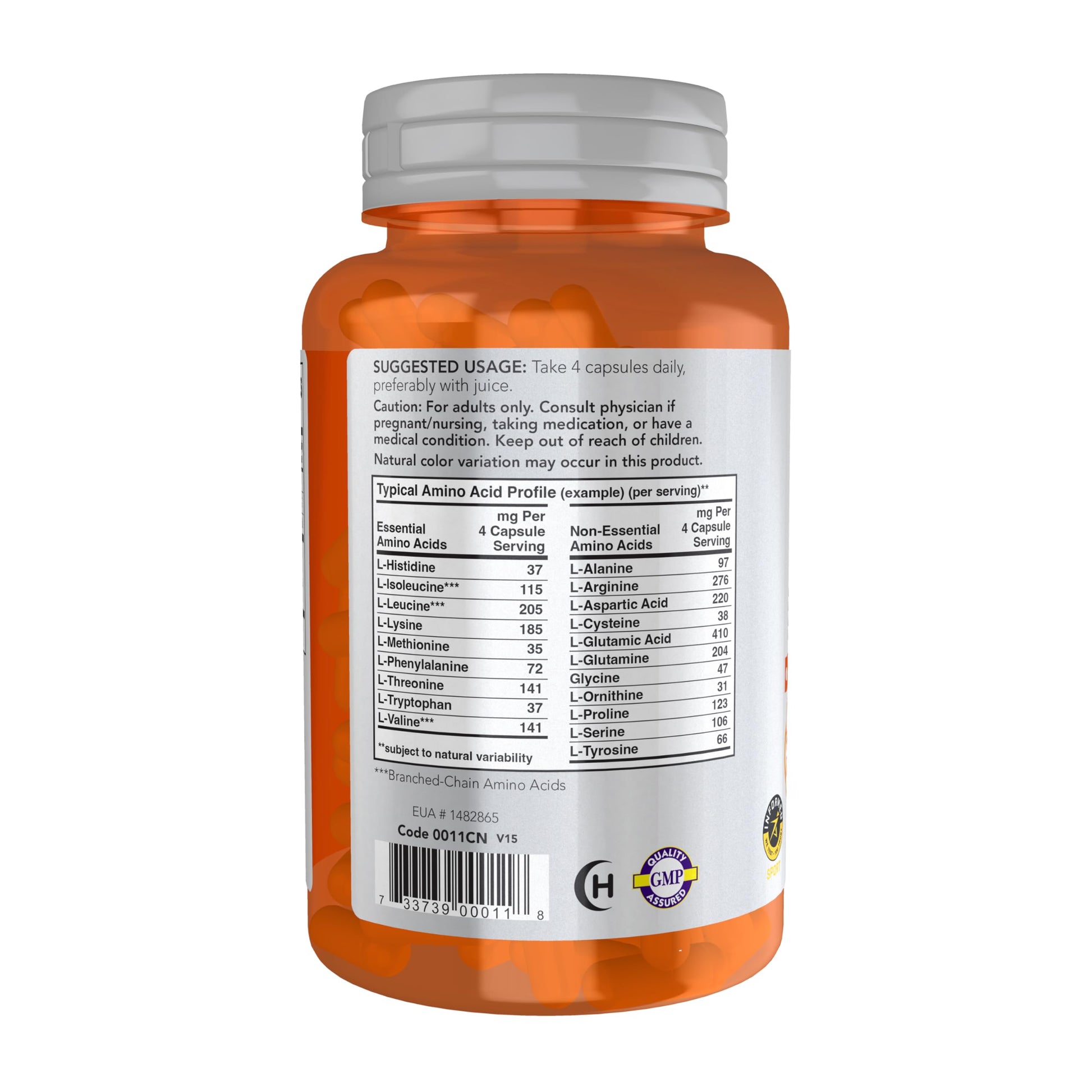 NOW Sports Amino Complete capsules spilled next to the bottle for texture reference