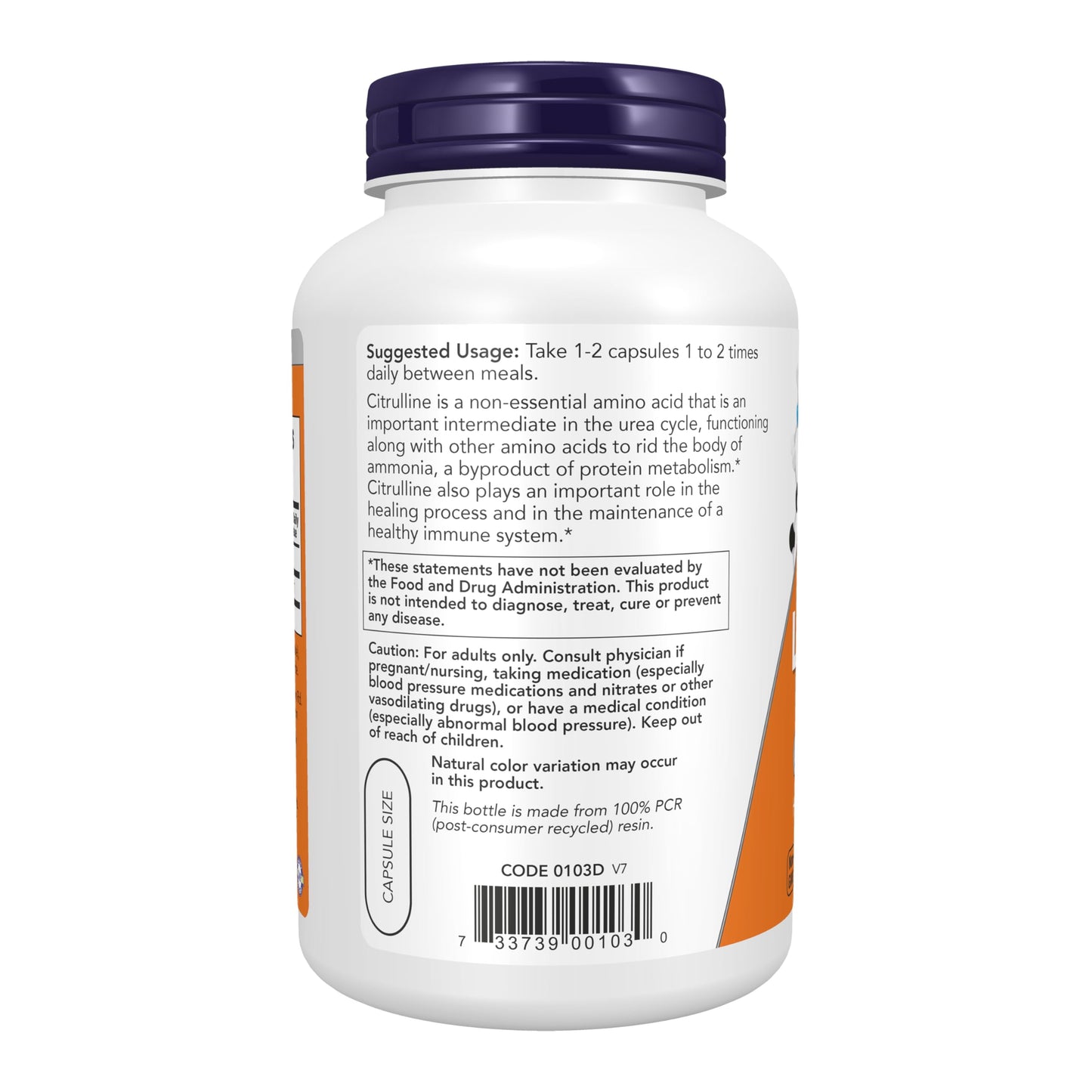 Back label of NOW Foods L-Citrulline showing supplement facts and dosage