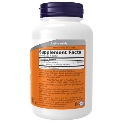 NOW Foods L-Carnitine 1000mg supplement facts and ingredient label details