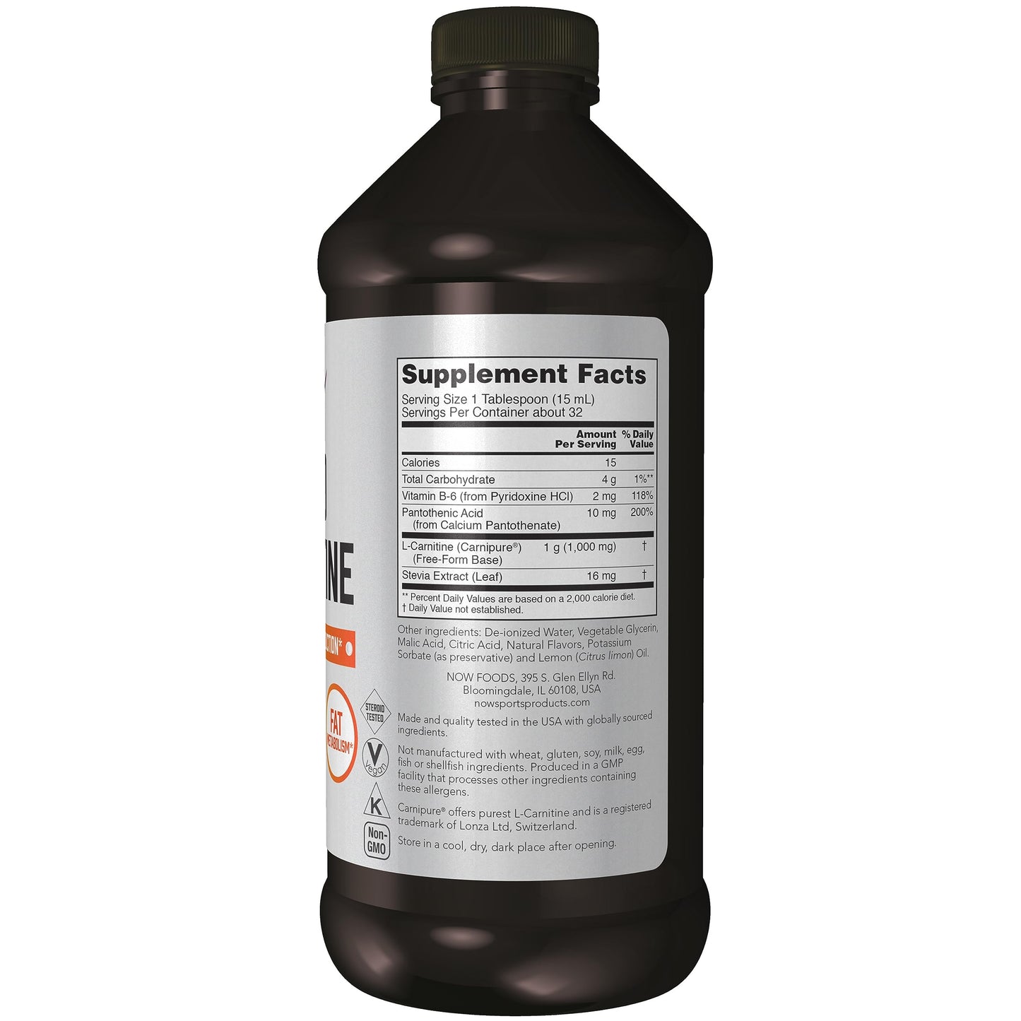 NOW Foods Sports Liquid L-Carnitine citrus flavor 16 ounce supplement details