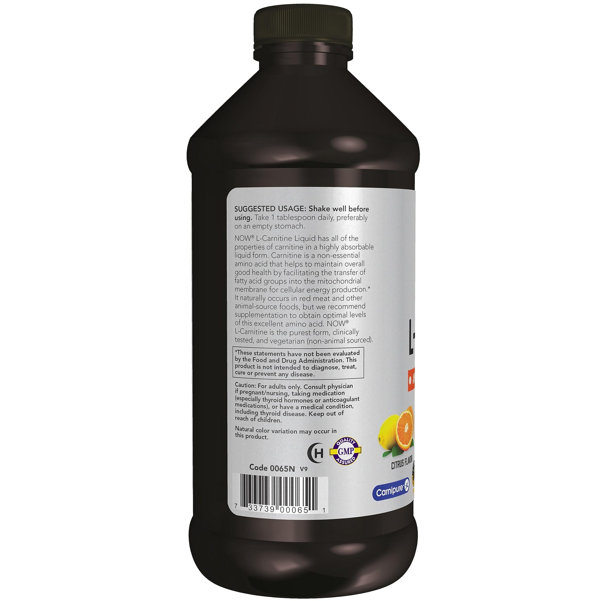 Authentic NOW Foods L-Carnitine liquid showing serving facts and ingredients