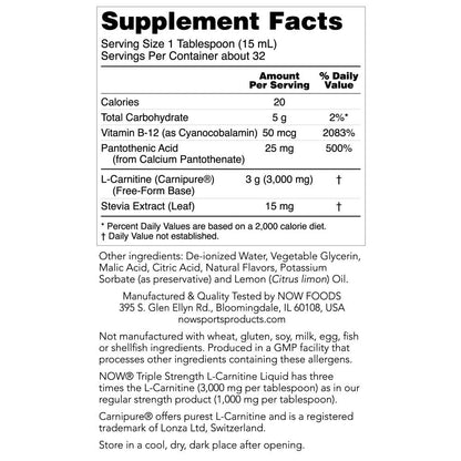 NOW Foods Liquid L-Carnitine citrus flavor nutritional facts panel showing pure ingredients