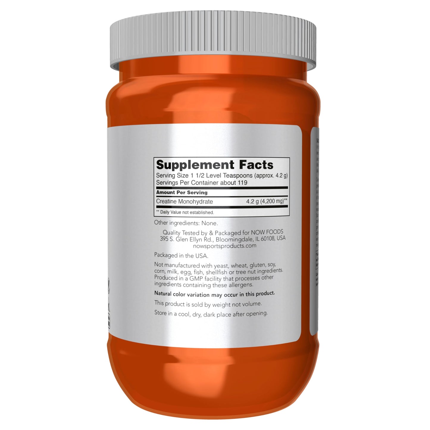 NOW Sports Micronized Creatine Monohydrate unflavored powder supplement facts label