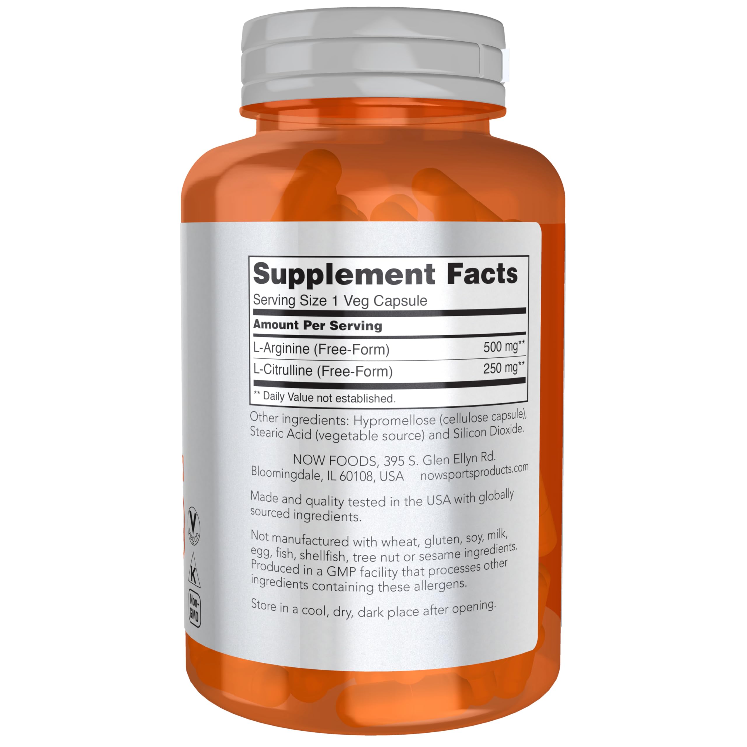 Now Foods amino acid supplement 120 capsules label
