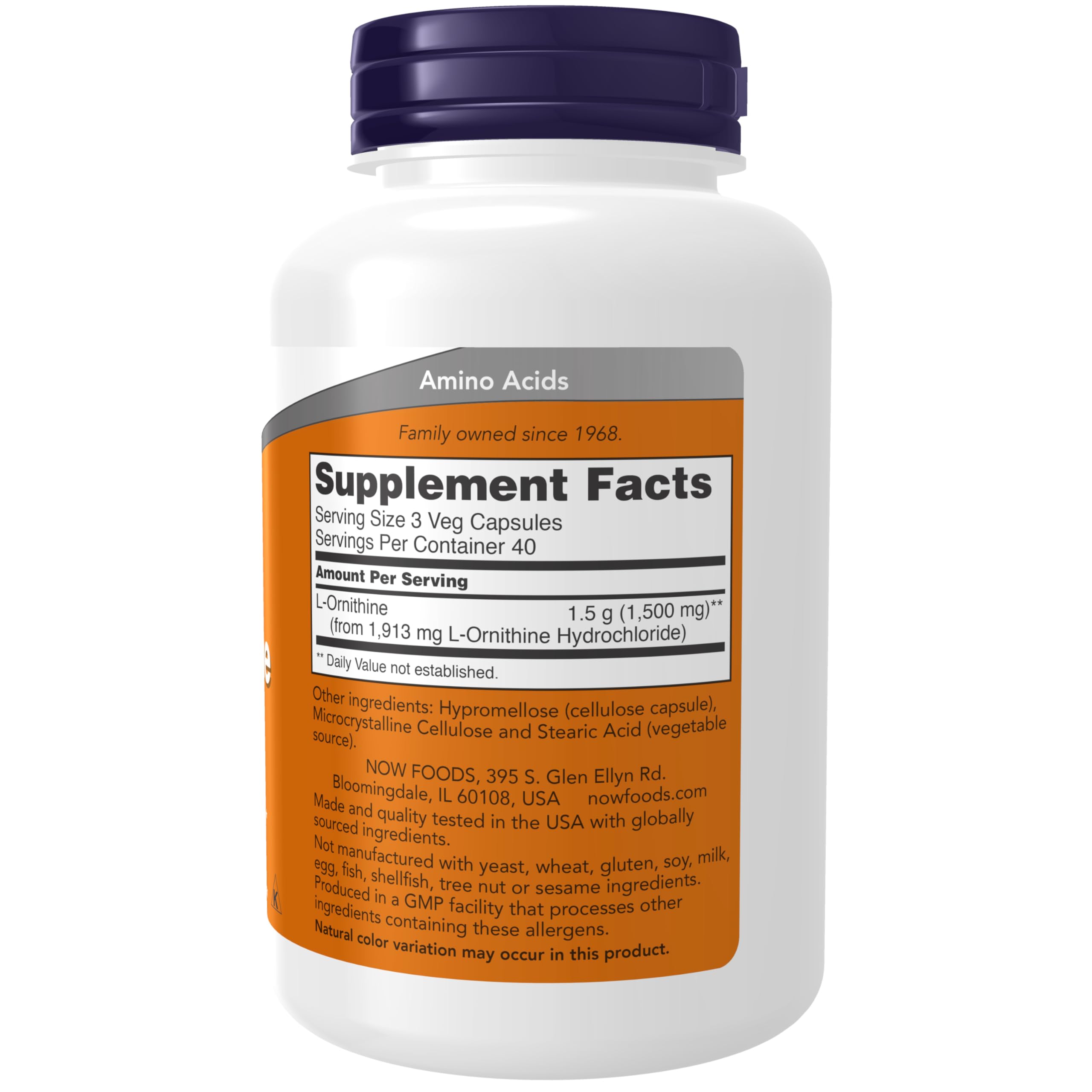 NOW Foods L-Ornithine supplement facts and ingredient list panel.