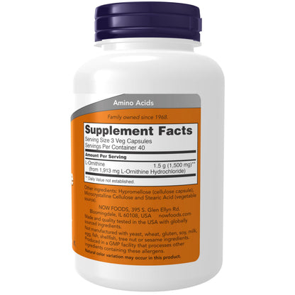 NOW Foods L-Ornithine supplement facts and ingredient list panel.