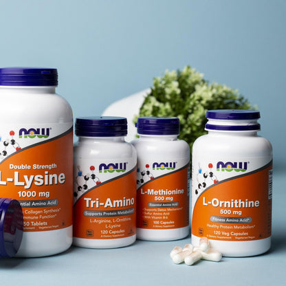 NOW Foods L-Ornithine dietary supplement showing clear non-GMO and vegan verification icons.