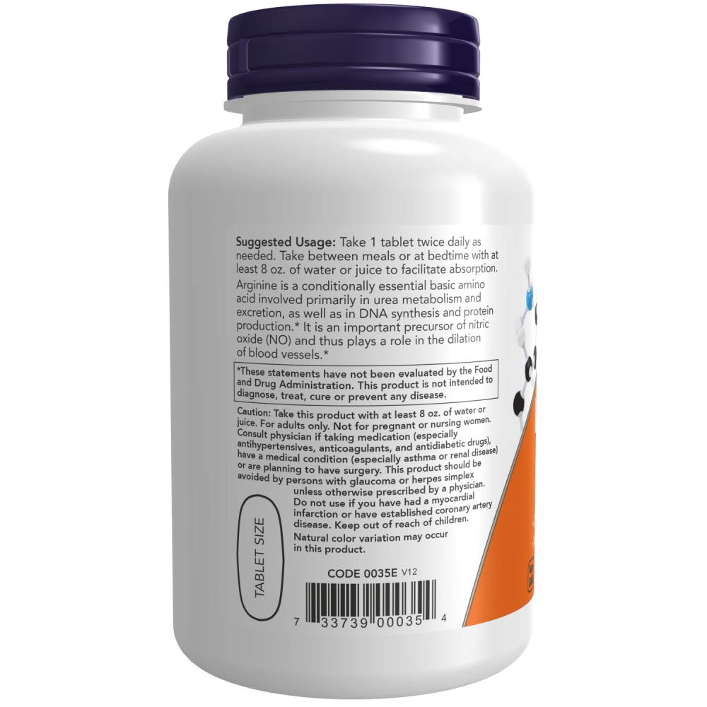 Now Foods L-Arginine 1000mg tablets supplement facts label