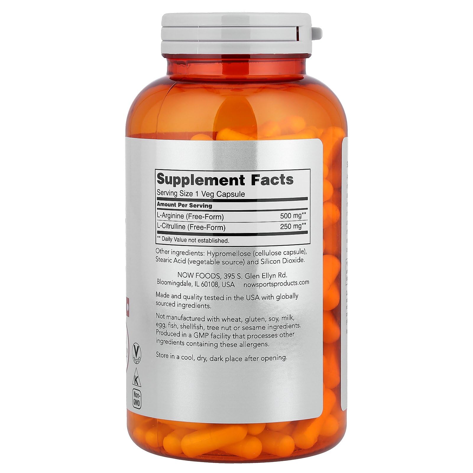 Now Foods Arginine and Citrulline 240 capsule bottle label