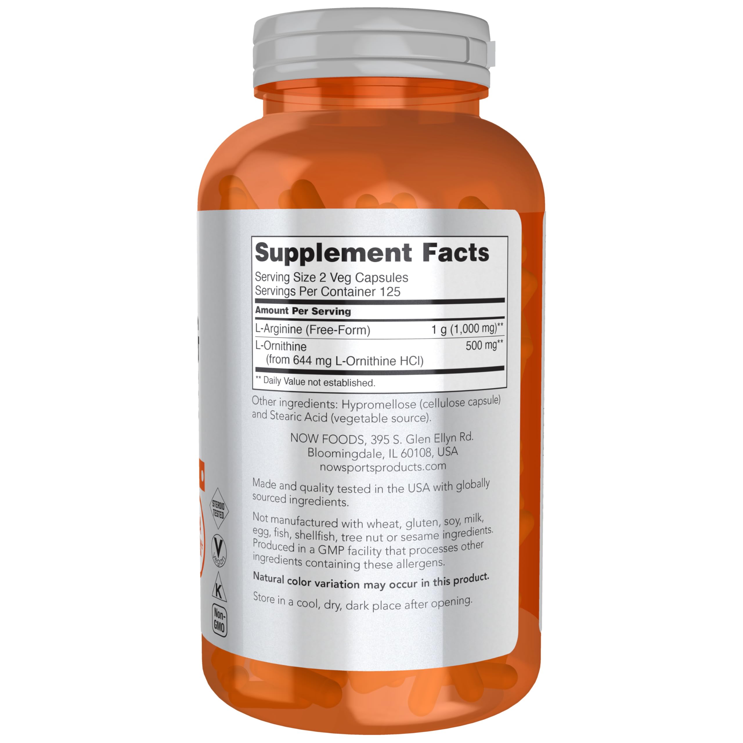 NOW Foods Arginine and Ornithine two hundred fifty veg capsules supplement facts panel