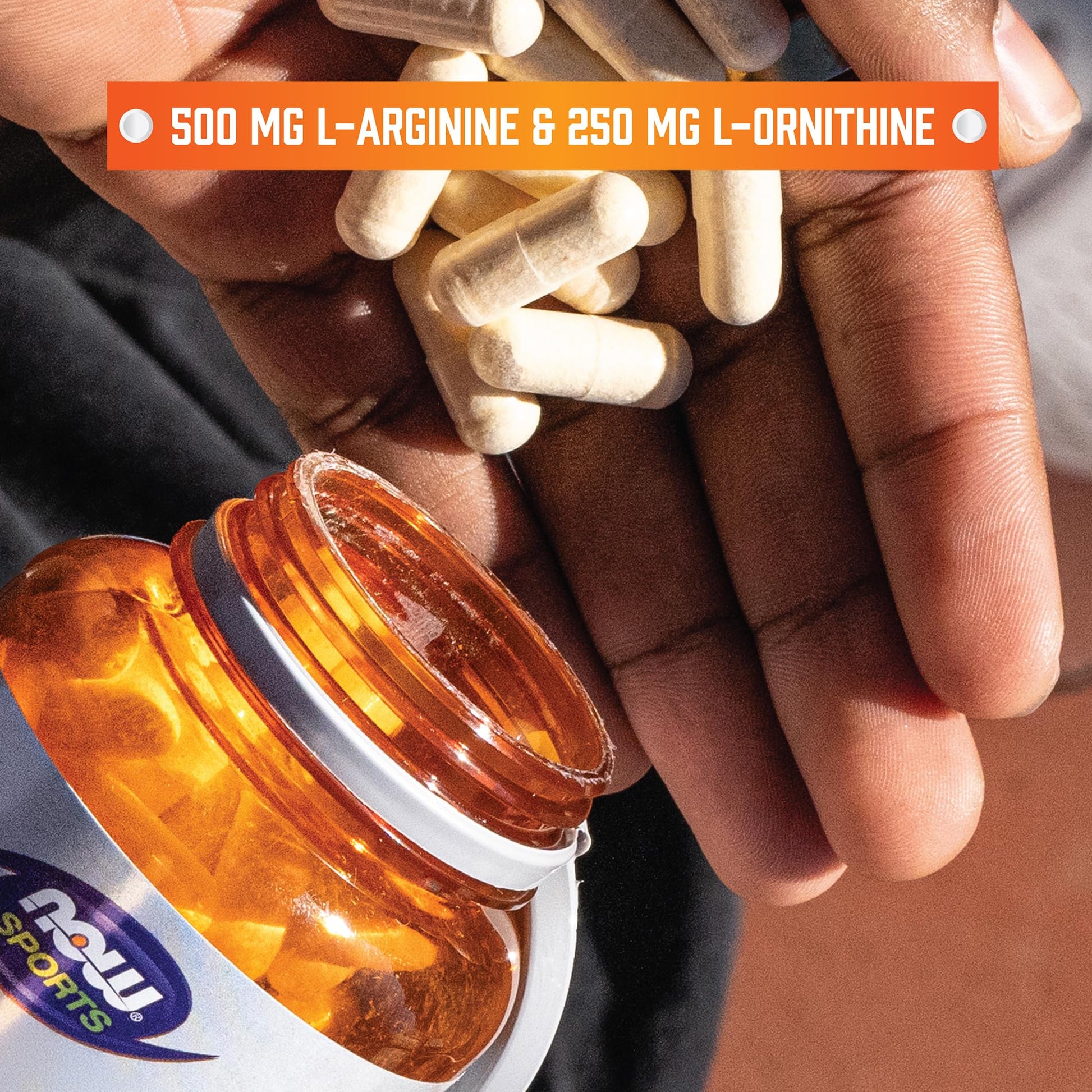NOW Sports Arginine and Ornithine nutritional breakdown showing amino acid milligrams per serving