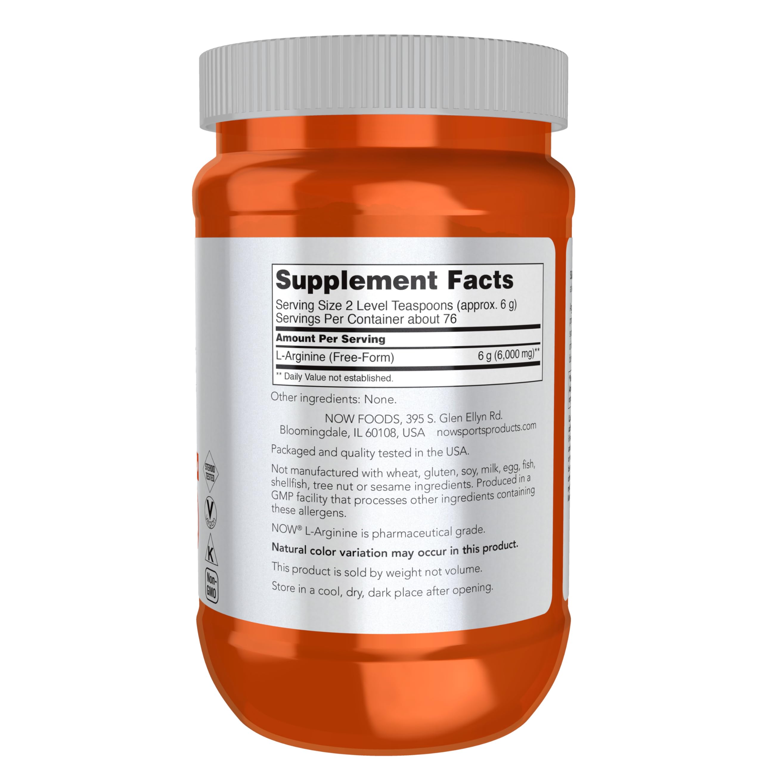 NOW Foods L-Arginine pure amino acid powder pre workout fitness supplement packaging