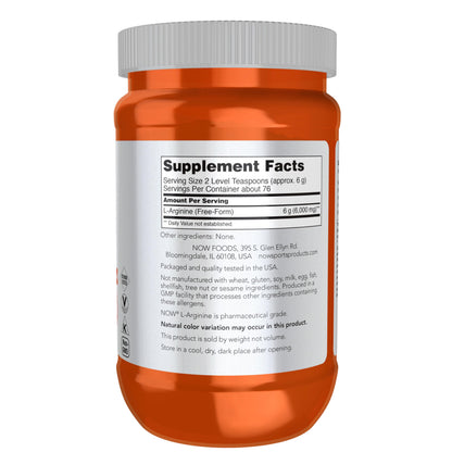 NOW Foods L-Arginine pure amino acid powder pre workout fitness supplement packaging