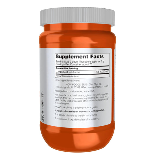 NOW Foods L-Arginine pure amino acid powder pre workout fitness supplement packaging