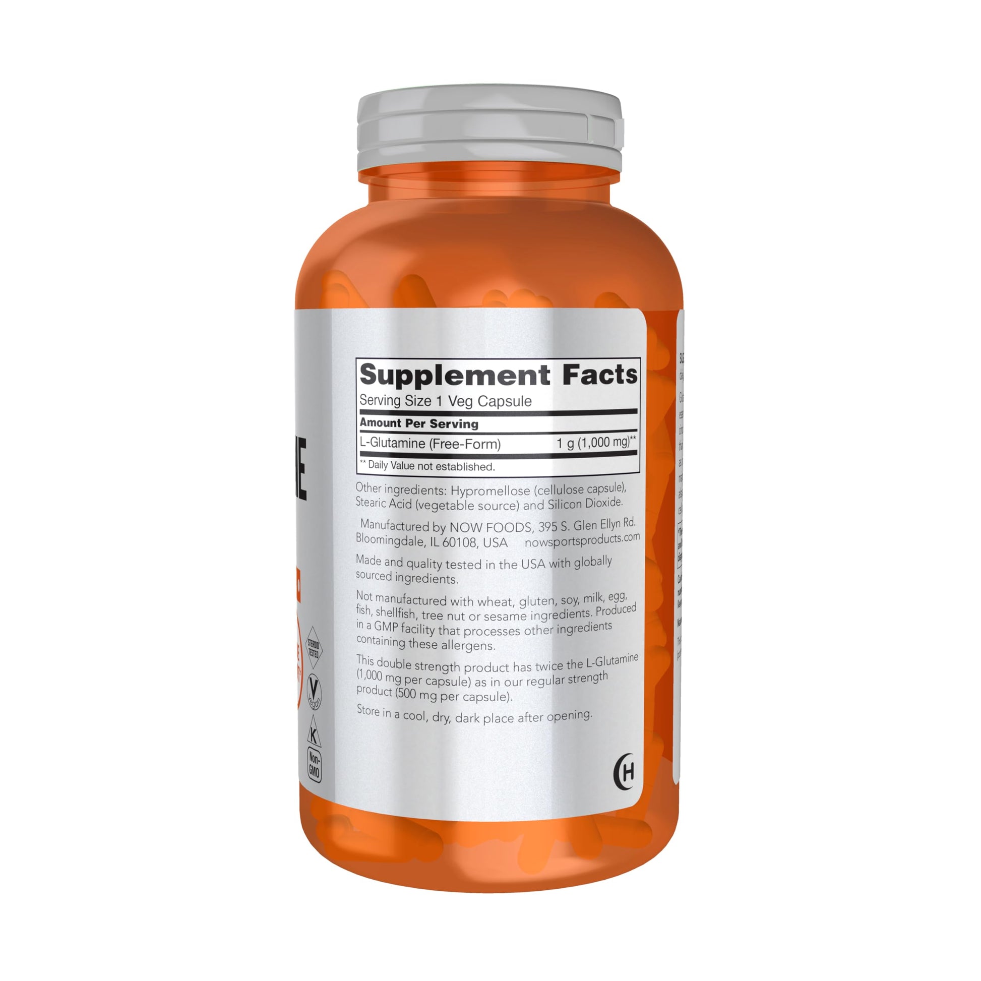 NOW Sports L-Glutamine Double Strength 1000mg supplement facts panel detailing nutritional information and ingredients