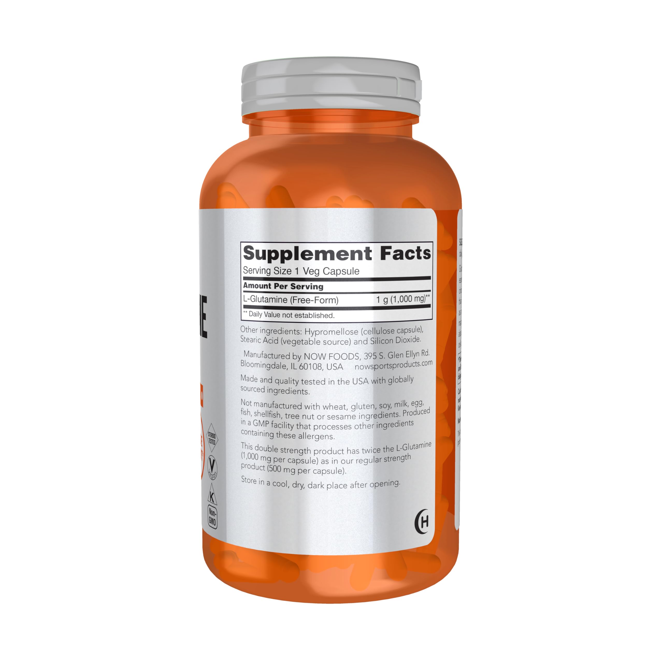 NOW Sports L-Glutamine Double Strength 1000mg supplement facts panel detailing nutritional information and ingredients
