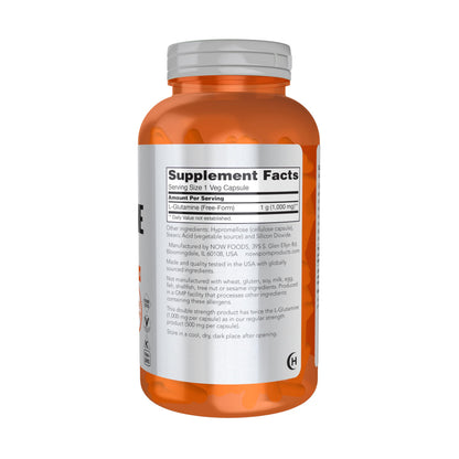 NOW Sports L-Glutamine Double Strength 1000mg supplement facts panel detailing nutritional information and ingredients