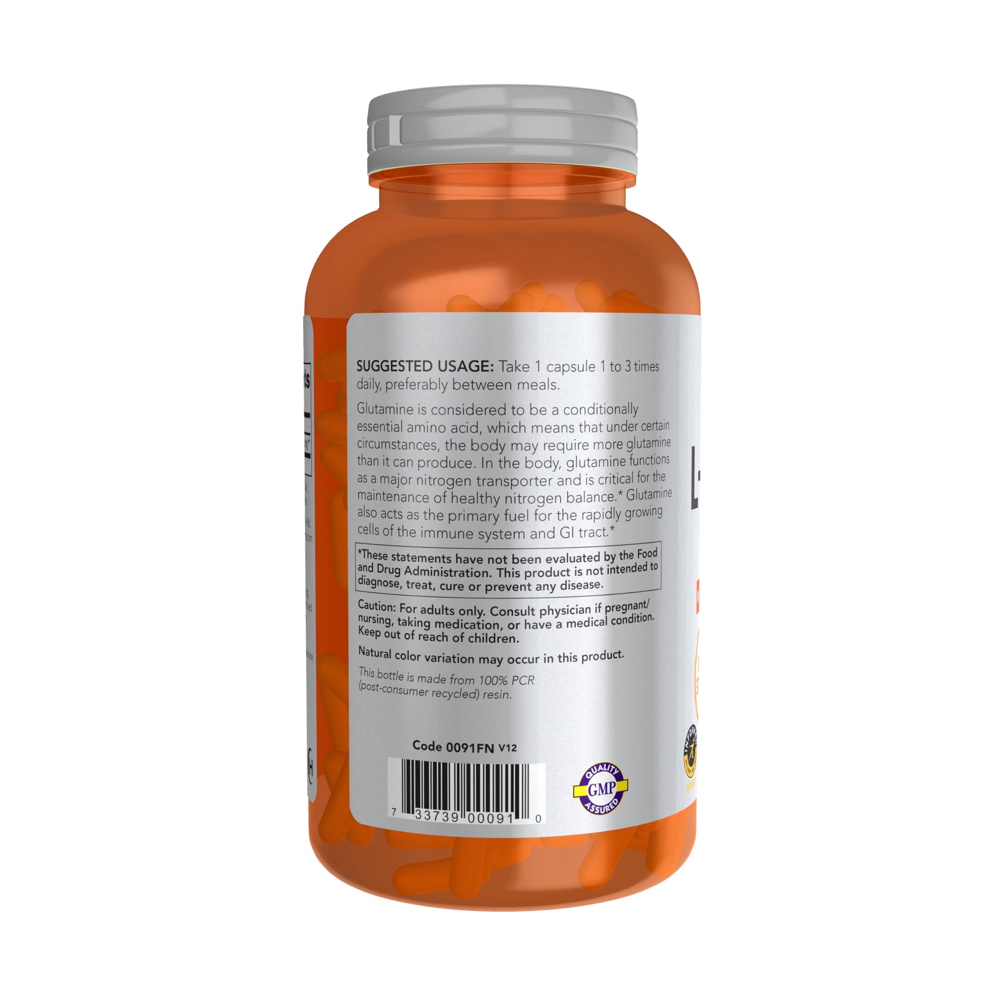 NOW Sports L-Glutamine Double Strength 1000mg capsules displayed next to the white packaging showing vegetarian formulation