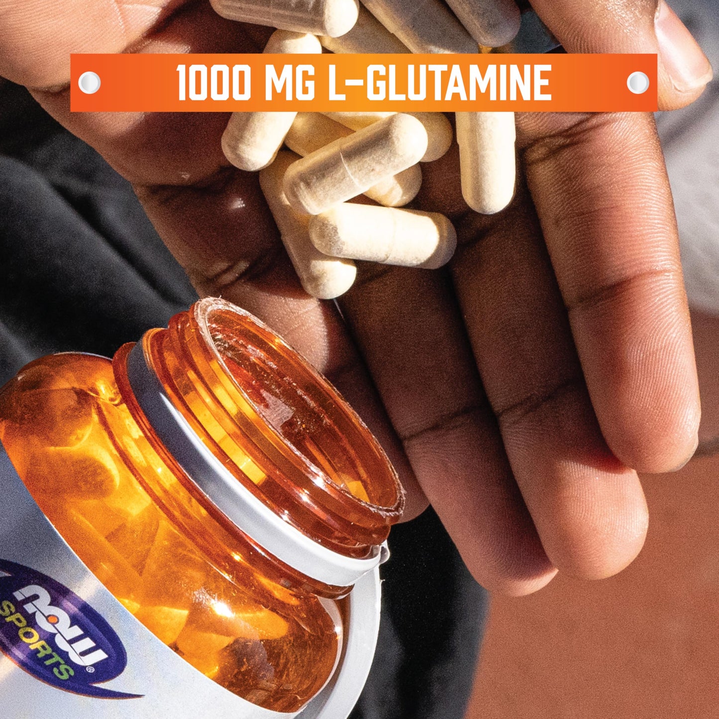 NOW Sports L-Glutamine Double Strength 1000mg side panel showing Informed Sport certified trusted testing seal