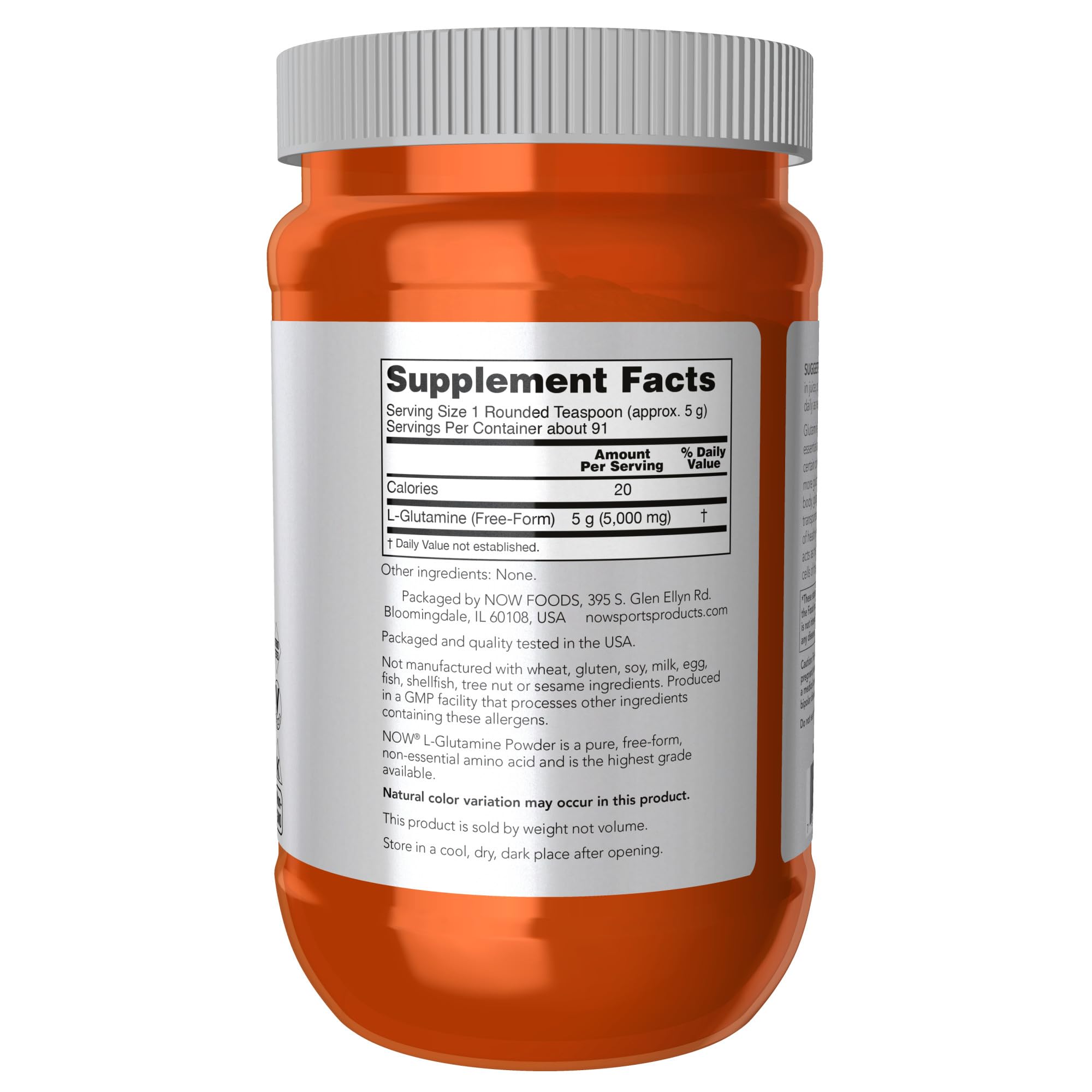 Side view of NOW Sports L-Glutamine powder container emphasizing the non-GMO and steroid-tested quality seals.