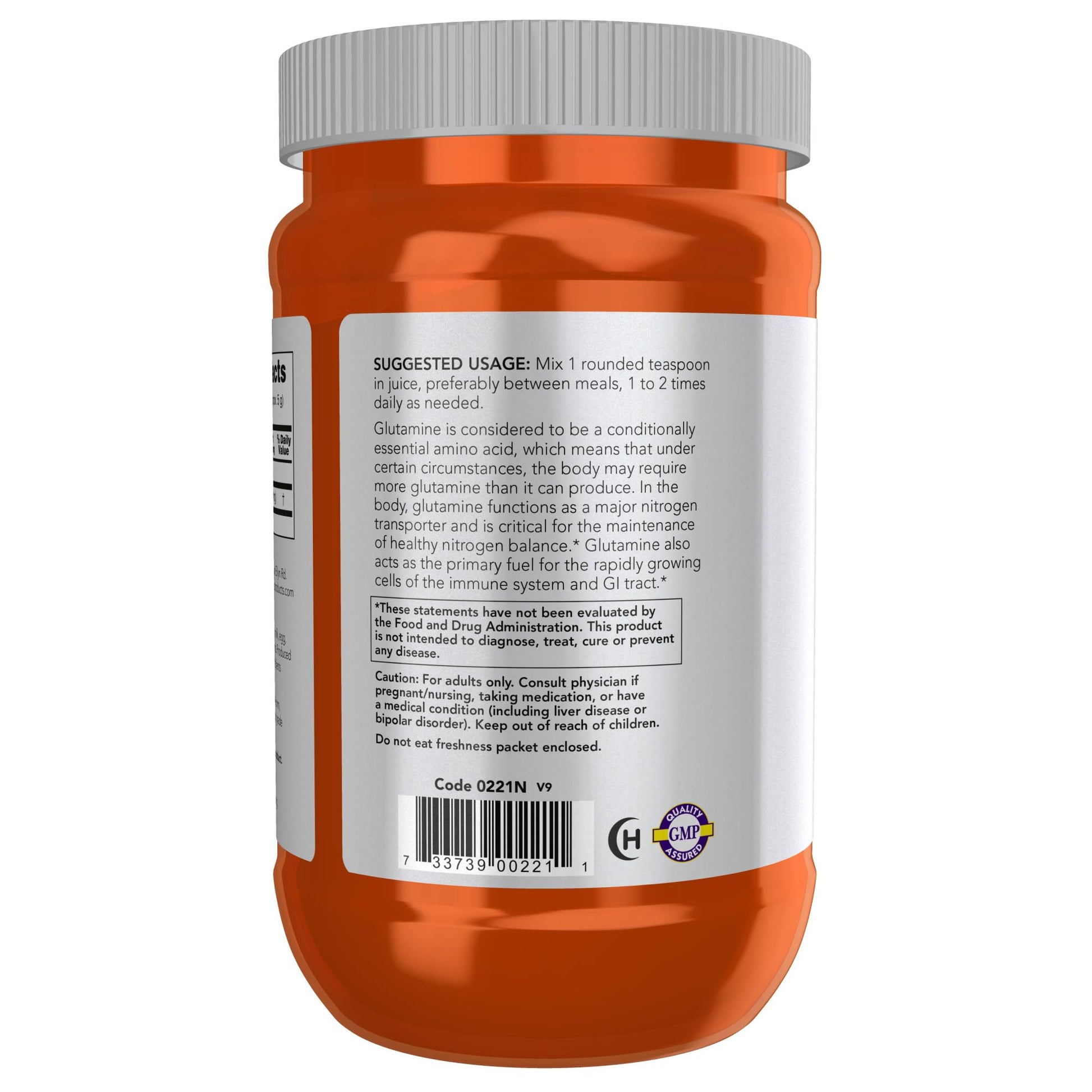Back label of NOW Foods L-Glutamine Pure Powder detailing the suggested usage instructions and amino acid content.